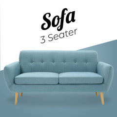 Dane 3 Seater Fabric Upholstered Sofa Lounge Couch - Blue