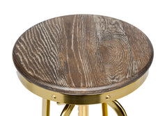Industrial Height Adjustable Swivel Bar Stool with Oak Wood Top - Gold Finish