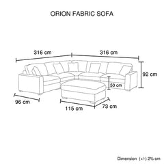 Orion Corner Sofa Premium Fabric Upholstery Padded Seat Wooden Frame Rubber Wooden Legs with Ottoman