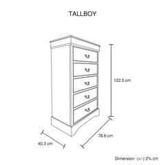 Tallboy with 5 Storage Drawers in Solid Wooden Metal Handles White Colour