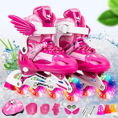 Adjustable Kids Roller Skates Set - Single Flash Wheels - Size s - Red