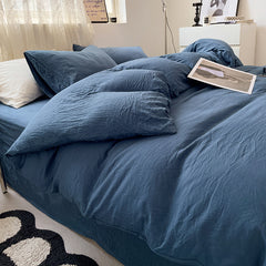 Dark-blue Solid Color Solid Color Solid Color 1.5m Bed Fitted Sheet Set with 200x230cm Duvet Cover - 4-Piece Bedding Set