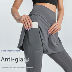 XXXL Grey Women's High-Waist Athletic Skort with Built-In Shorts - Breathable Quick-Dry Running Skirt with Phone Pocket