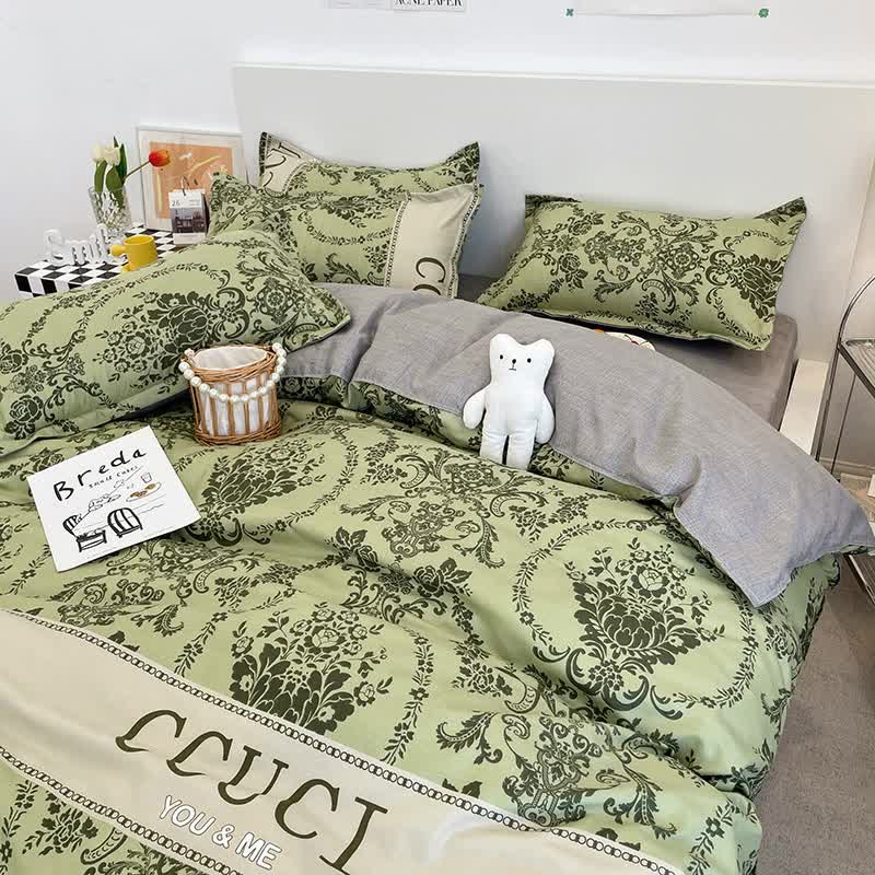 Green Floral 4-Piece Bedding Set - Soft and Lovely Bed Sheets (Quilt 150x200cm, Flat Sheet 200x230cm, Pillowcase 48x47cm)