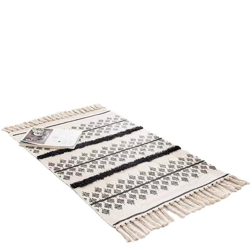 Handwoven Cotton Tassel Floor Rug for Bedroom or Living Room|Soft, Modern Geometric Design,60x90cm