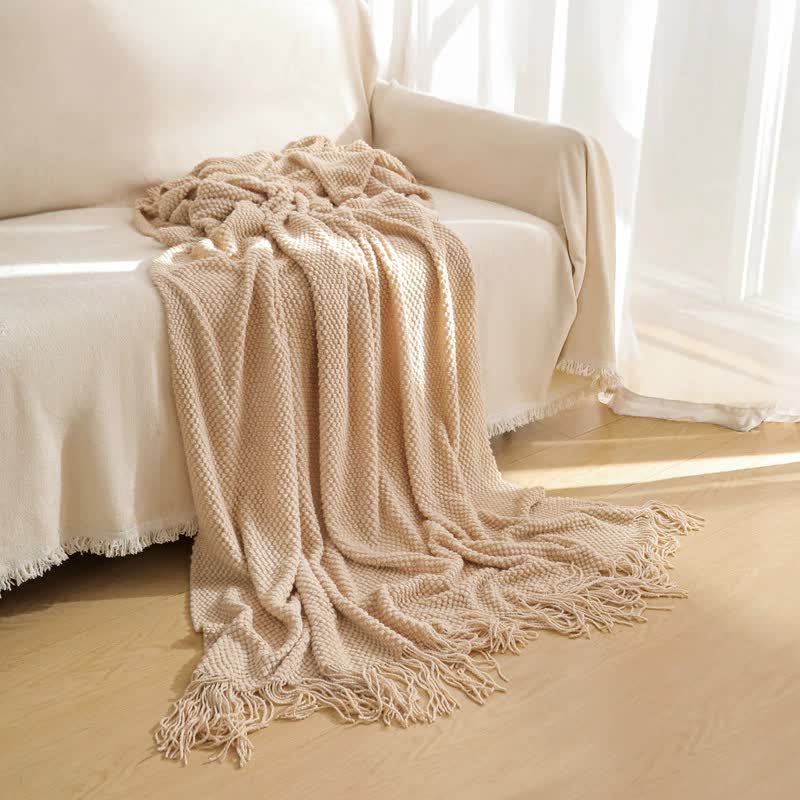 Yellow Premium Woven Knitted Throw Blanket with Tassels | Soft, Cozy Sofa & Bed Blanket, Perfect for Office or Afternoon Naps 127x172cm