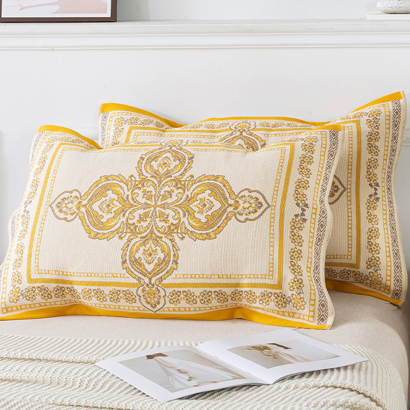 Pair of Yellow pattern Tied Cotton Gauze Pillow Cover - Secure Fit, Premium Comfort (Insert Not Included)