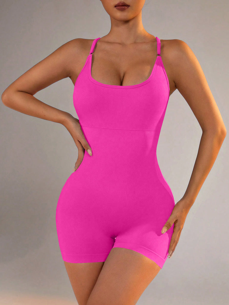 Size S Rose Red Grey Nylon Seamless Yoga Bodysuit - Women's Athletic Romper, Crisscross Back, Workout Jumpsuit