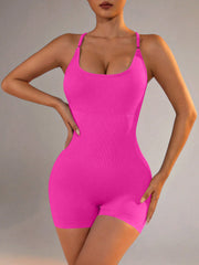 Size S Rose Red Grey Nylon Seamless Yoga Bodysuit - Women's Athletic Romper, Crisscross Back, Workout Jumpsuit