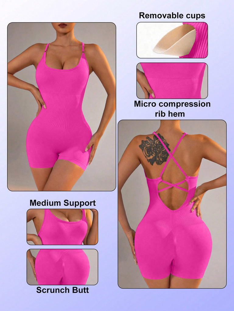 Size S Rose Red Grey Nylon Seamless Yoga Bodysuit - Women's Athletic Romper, Crisscross Back, Workout Jumpsuit
