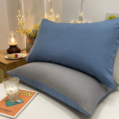 Dark Blue And Grey Washed Cotton Pillowcase Set - Solid Color, Simple Two-Tone Design, 48x74cm (Pair)