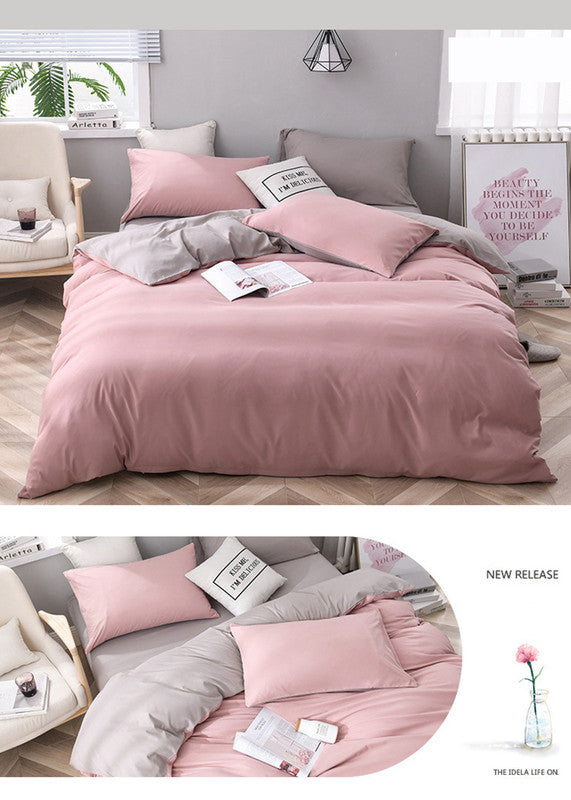 Gray And Pink Stitching Ultra-Soft Solid Color 4-Piece Bedding Set - Queen Size(Suitable for 2m bed)