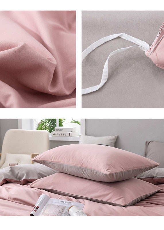 Gray And Pink Stitching Ultra-Soft Solid Color 4-Piece Bedding Set - Queen Size(Suitable for 2m bed)