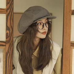Grey Women's Vintage Style Baker Boy Cap - Soft Cotton Linen Blend