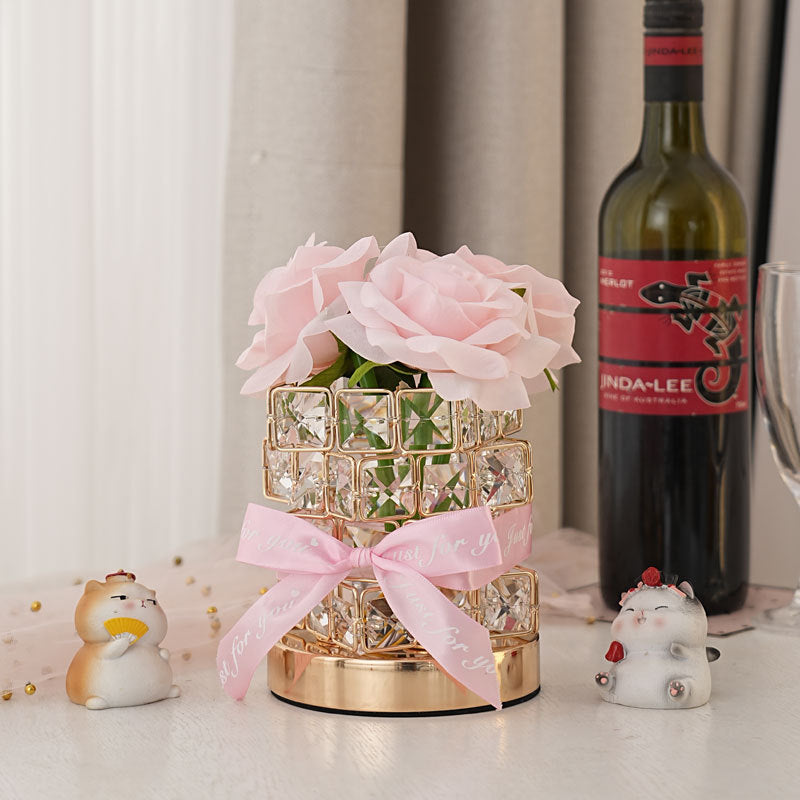Pink Rose LED Crystal Flower Table Lamp - USB Rechargeable Touch Control Night Light