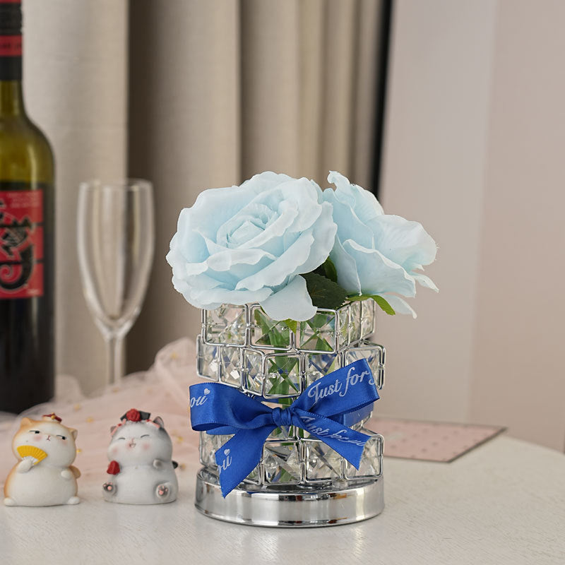 Blue Rose LED Crystal Flower Table Lamp - USB Rechargeable Touch Control Night Light