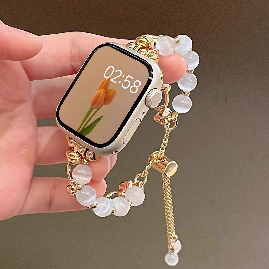 2-pcs Gold chain with white beads Elegant Cat's Eye Beaded Bracelet Band for Apple Watch - Women's Luxury Strap (Compatible Size :38/40/41MM )
