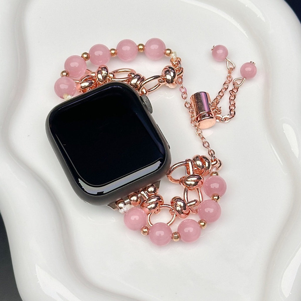 2-pcs Pink Elegant Cat's Eye Beaded Bracelet Band for Apple Watch - Women's Luxury Strap (Compatible Size :42/44/45MM )