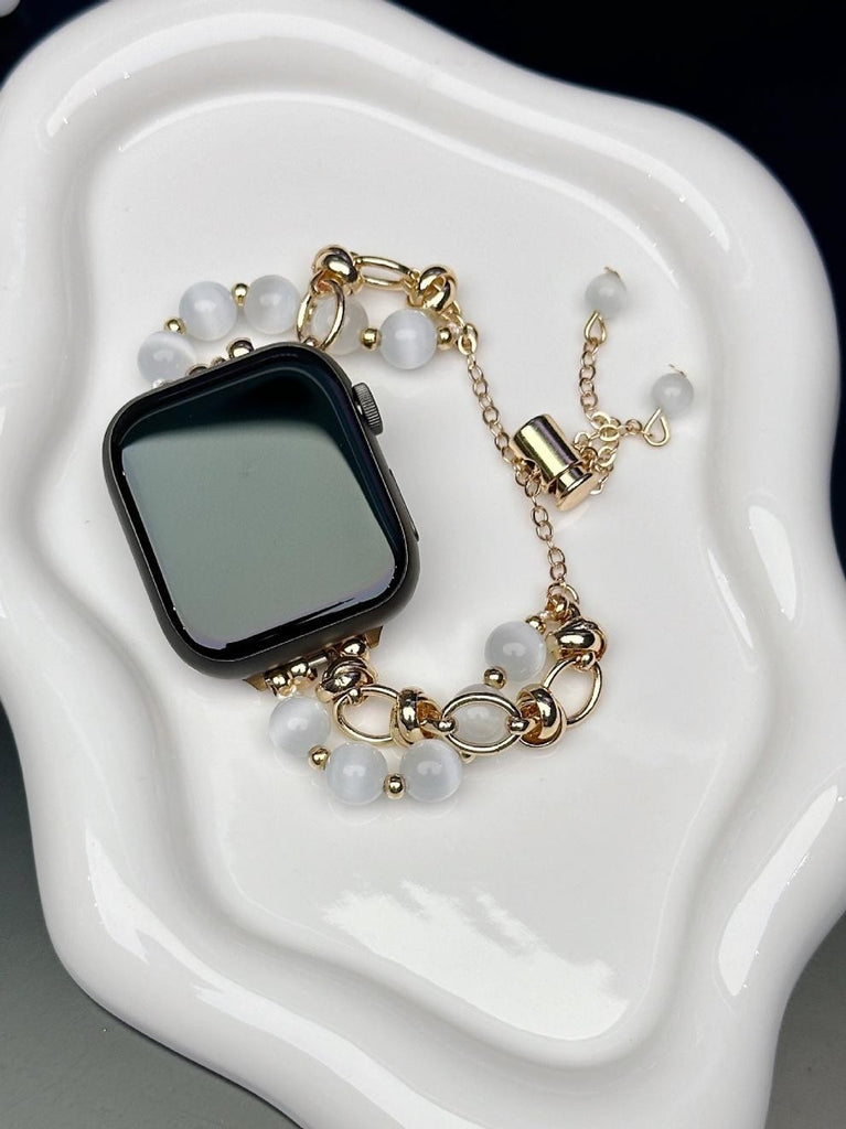 2-pcs Gold chain with white beads Elegant Cat's Eye Beaded Bracelet Band for Apple Watch - Women's Luxury Strap (Compatible Size :42/44/45MM )