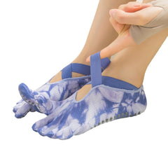 2 Pairs Grey Tie-Dye Non-Slip Yoga Socks for Women - Five-Toe Cotton Blend Socks for Pilates and Indoor Sports
