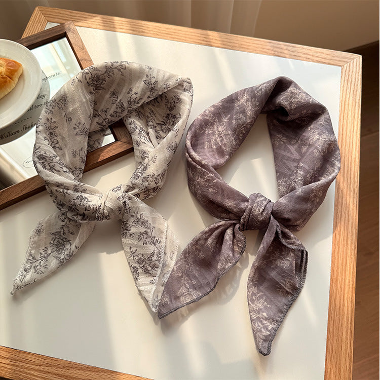 Style 1 Beige Versatile Patterned Square Scarf | 65x65cm Lightweight Polyester Neckerchief Headband | Vintage Polka Dot & Floral