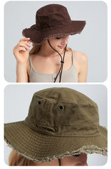 Coffee Packable Cotton Bucket Hat - Folds into Wearable Pouch | Frayed Edge Sun Hat with Chin Strap