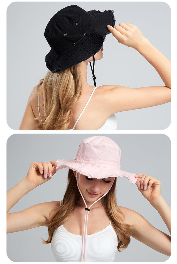 Black Packable Cotton Bucket Hat - Folds into Wearable Pouch | Frayed Edge Sun Hat with Chin Strap