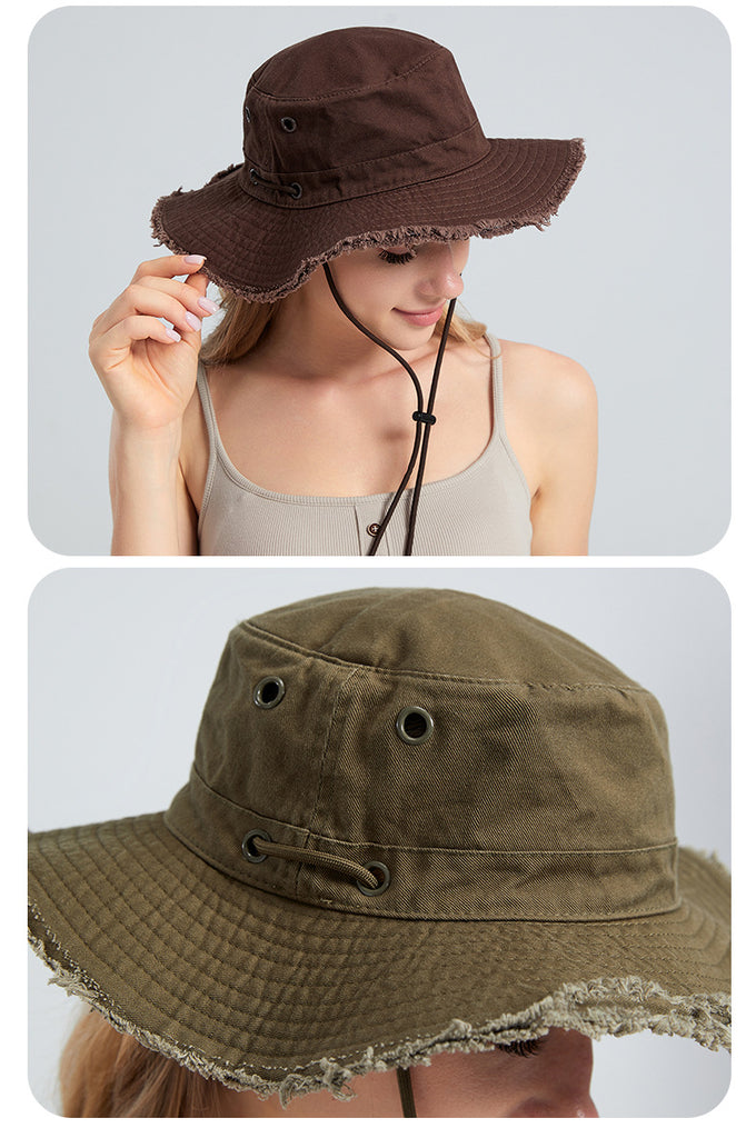 Black Packable Cotton Bucket Hat - Folds into Wearable Pouch | Frayed Edge Sun Hat with Chin Strap