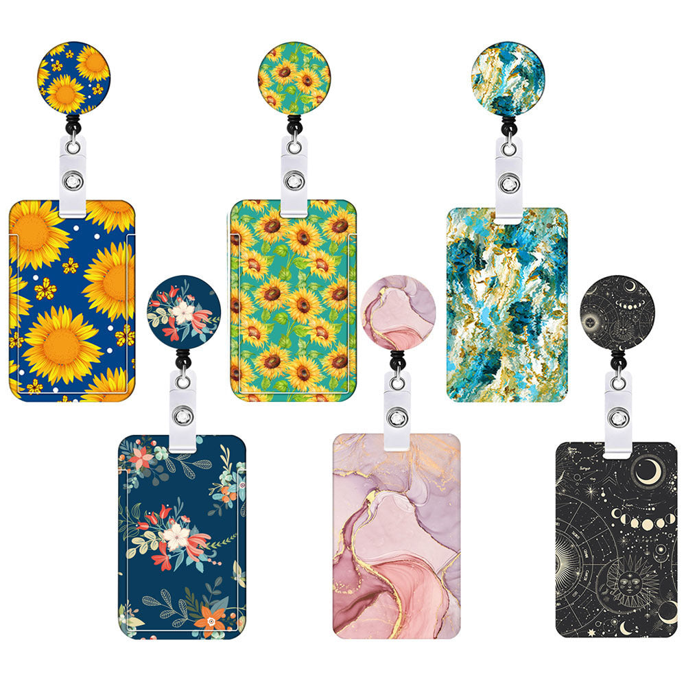 2 Pcs Pink Geometric Patterns Retractable Badge Reel & ID Card Holder Set with Lanyard - Durable ABS Plastic