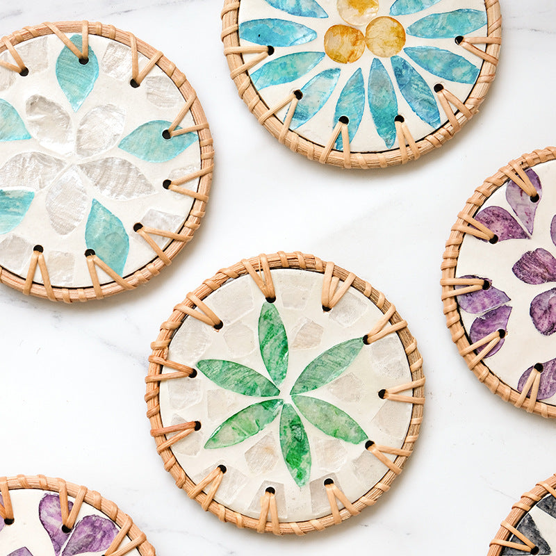 4 Pcs Beige Background With Green flower Handcrafted Rattan Coaster with Natural Shell Inlay - Decorative & Heat Insulating Drink Mat