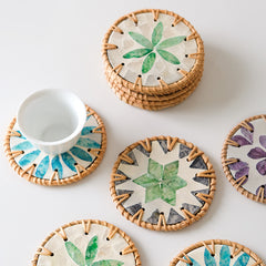 4 Pcs Beige Background With Green flower Handcrafted Rattan Coaster with Natural Shell Inlay - Decorative & Heat Insulating Drink Mat