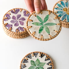 4 Pcs Beige Background With Green flower Handcrafted Rattan Coaster with Natural Shell Inlay - Decorative & Heat Insulating Drink Mat