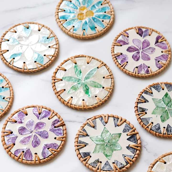 4 Pcs Beige Background With Blue and Purple flower Handcrafted Rattan Coaster with Natural Shell Inlay - Decorative & Heat Insulating Drink Mat