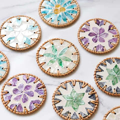 4 Pcs Beige Background With Blue and Purple flower Handcrafted Rattan Coaster with Natural Shell Inlay - Decorative & Heat Insulating Drink Mat
