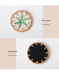 4 Pcs Beige Background With Blue and Pink flower Handcrafted Rattan Coaster with Natural Shell Inlay - Decorative & Heat Insulating Drink Mat
