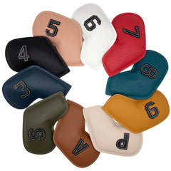 Red Golf Iron Head Covers Set of 10 - Waterproof PU Leather Club Protectors with Embroidered Numbers (3-9, P, A, S)