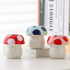 Blue Adorable Ceramic Mushroom Desk Organizer - Cute Pen & Makeup Brush Holder