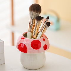 Blue Adorable Ceramic Mushroom Desk Organizer - Cute Pen & Makeup Brush Holder