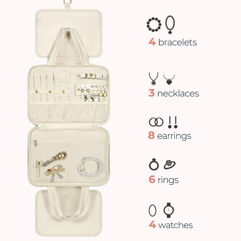Size M Beige Quilted Hanging Toiletry Bag with Jewelry Organizer - Travel Cosmetic Case(28*12*20)