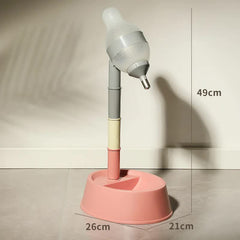 Pink Base Adjustable Height Pet Water Dispenser with Food Bowl Base - Non-Drip Bottle Feeder Station for Dogs & Cats