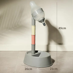 Grey Base Adjustable Height Pet Water Dispenser with Food Bowl Base - Non-Drip Bottle Feeder Station for Dogs & Cats