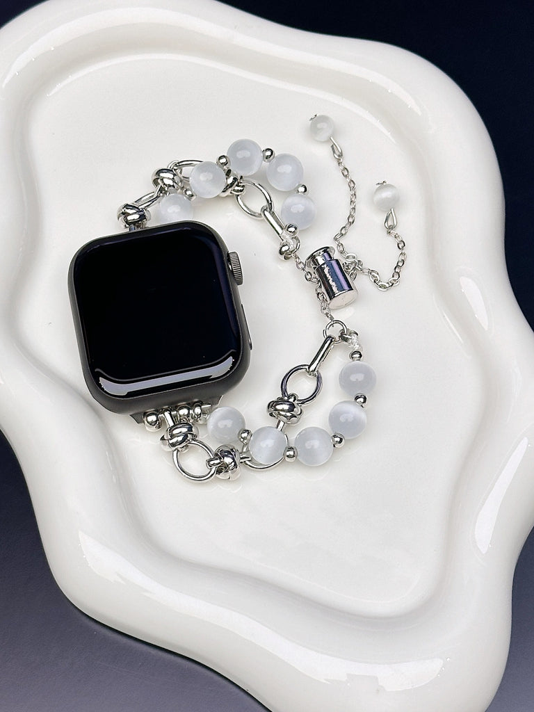 2-pcs Silver Elegant Cat's Eye Beaded Bracelet Band for Apple Watch - Women's Luxury Strap (Compatible Size :42/44/45MM )
