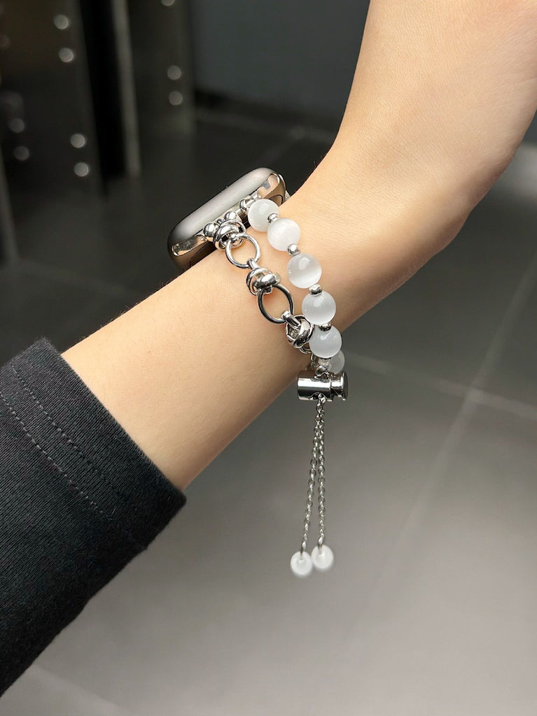 2-pcs Silver Elegant Cat's Eye Beaded Bracelet Band for Apple Watch - Women's Luxury Strap (Compatible Size :42/44/45MM )