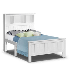 Artiss Bed Frame King Single Size Wooden with 3 Shelves Bed Head White
