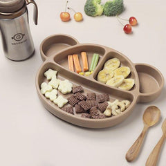 Grosmimi Bear Silicone Suction Food Plate with Silicone Lid Oatmeal-1954803140800942082