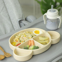 Grosmimi Bear Silicone Suction Food Plate with Silicone Lid Oatmeal-1954803140800942083
