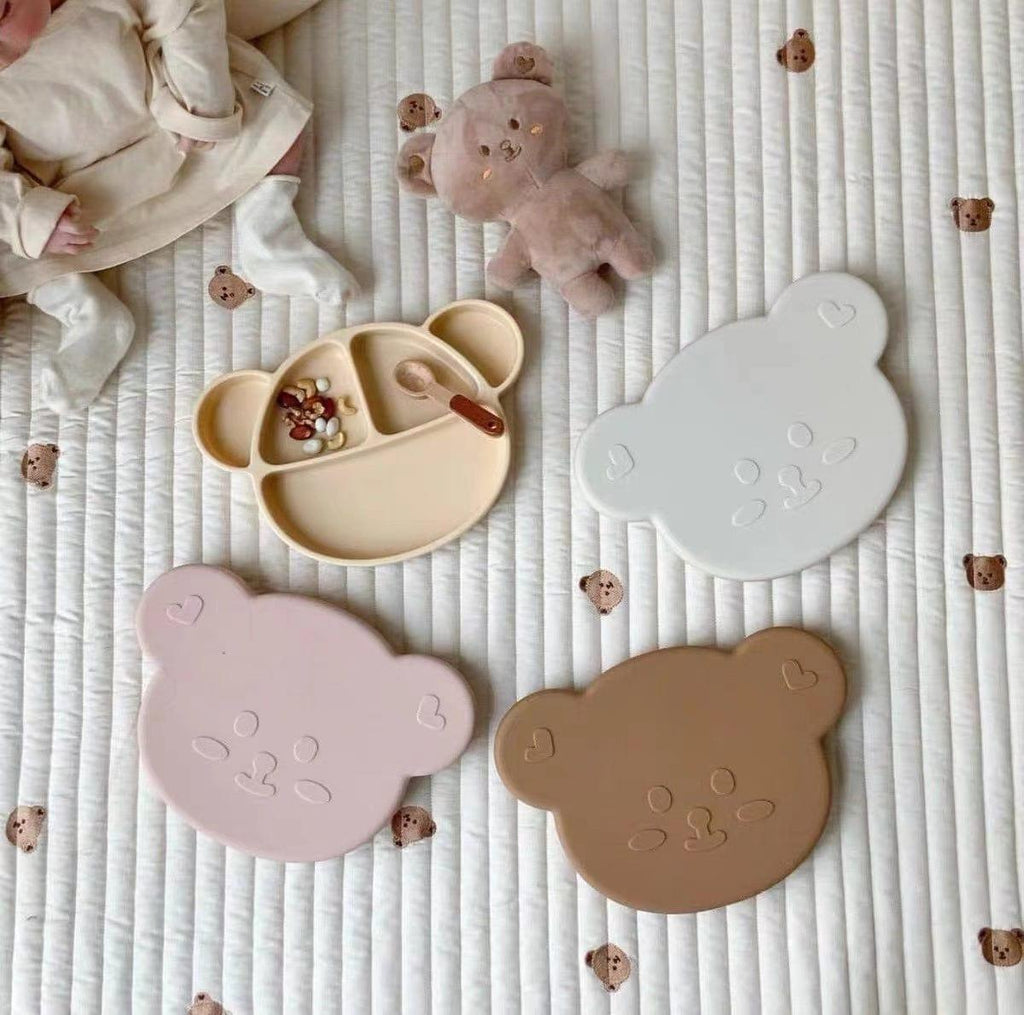 Grosmimi Bear Silicone Suction Food Plate with Silicone Lid Oatmeal-1954803140800942084