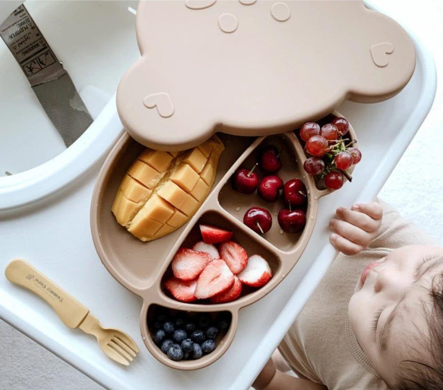 Grosmimi Bear Silicone Suction Food Plate with Silicone Lid Chocolate Brown-1954803140633169925