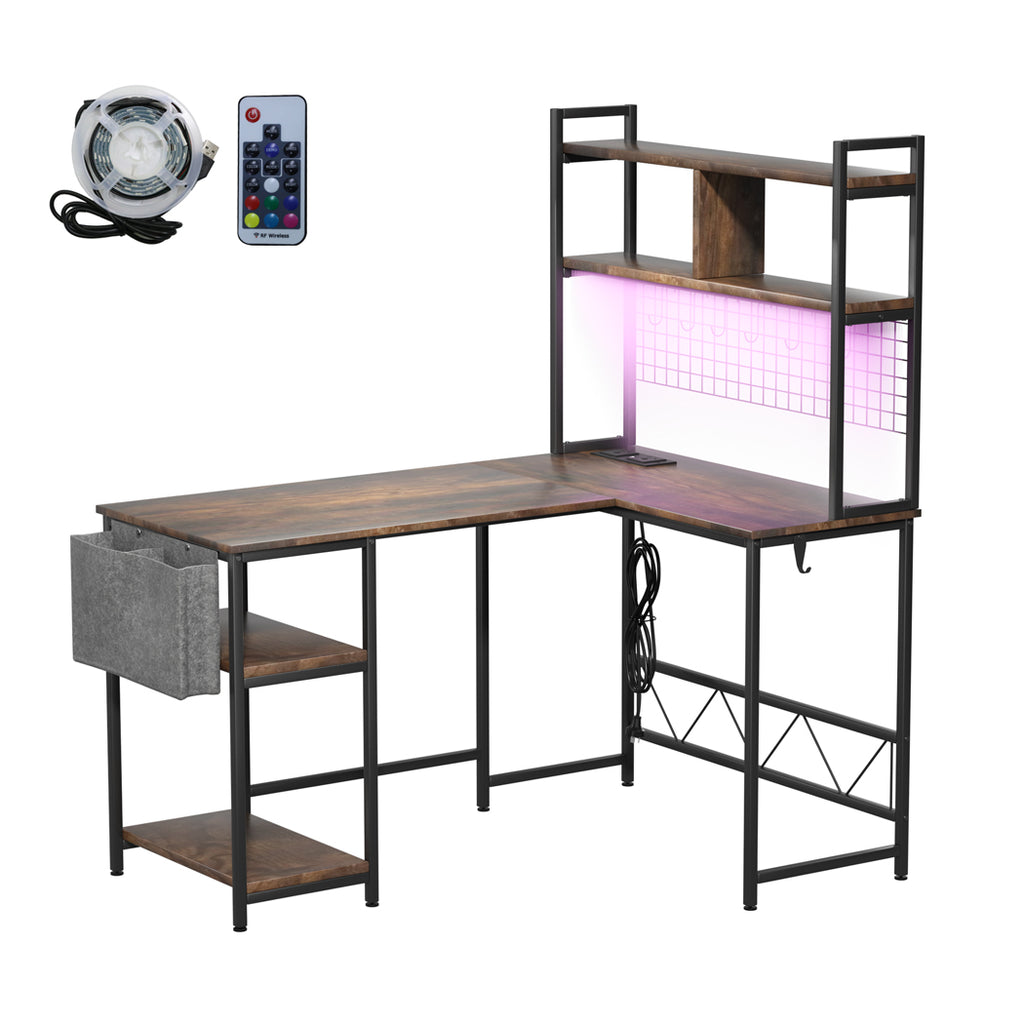 Levede L Shaped Gaming Desk with LED Lights Brown-1954802382403670016