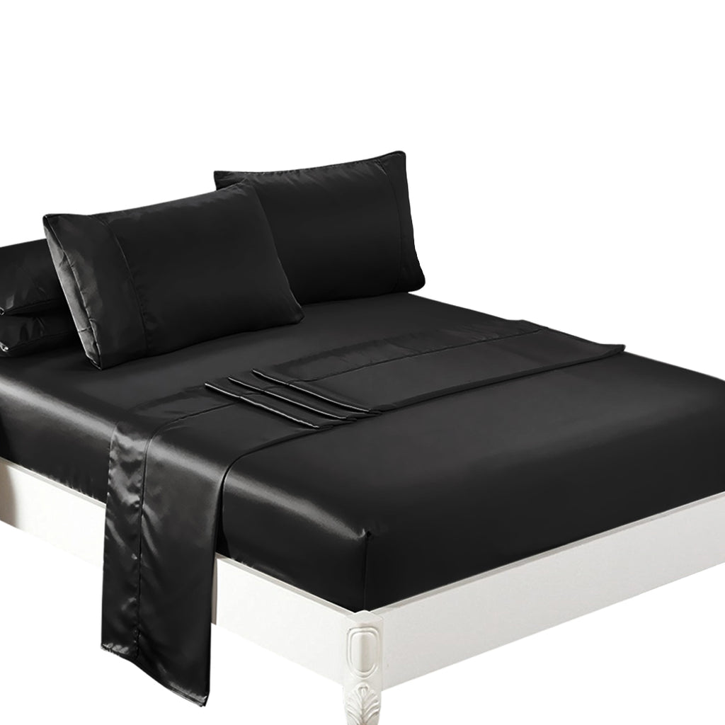 DreamZ Silky Satin Sheets Fitted Flat Queen Black-1954802914287554560